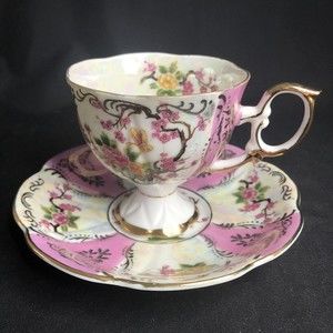 Royal Halsey Teacup & Saucer Pink Floral Lusterware & Gold